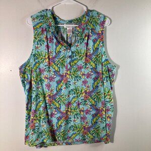Womens Stella Parker Floral Top Sleeveless 1/2 Button Green Pink 1X Cotton Polye